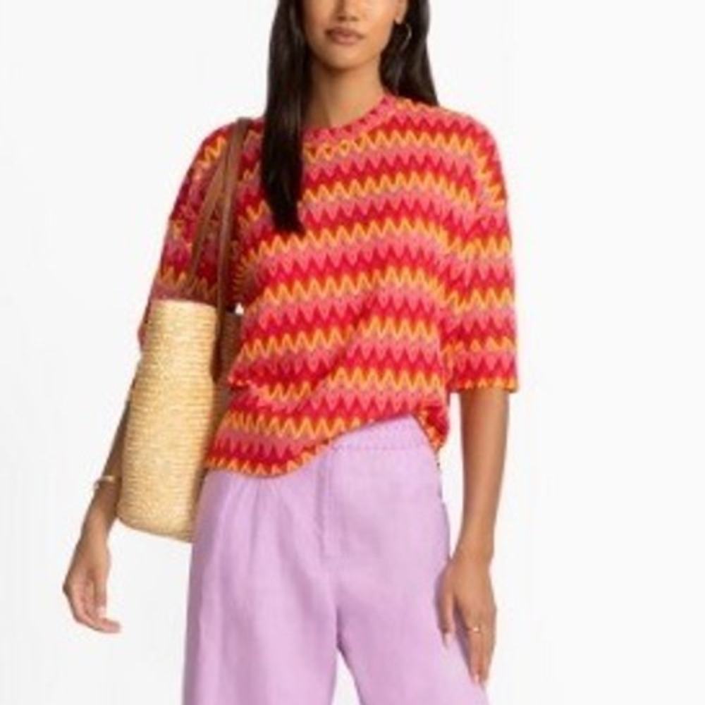 Johnny Was Jade NEW Women XS Arden Oversized Blouse Red Chevron Knit with Cami